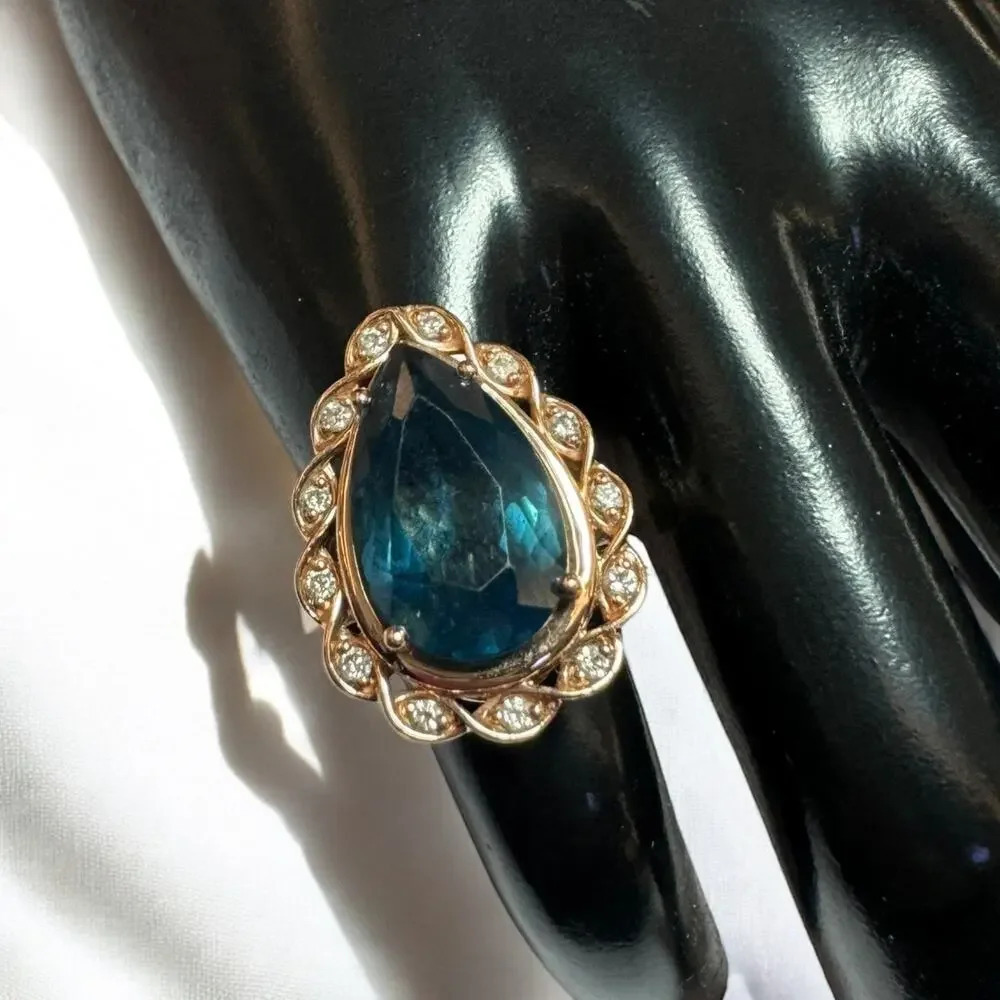 Le Vian 14K Gold Pear Shaped Natural Blue Topaz and Diamonds Ring, Size 5